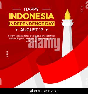Indonesia Independence Day greeting social media posts template with national monument monas and wavy Indonesian flag on red background Stock Vector