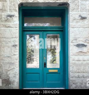 Aqua blue double doors with transom window and gold mail slot set in a textured limestone facade in Chicago, reflecting trees in the surrounding area. Stock Photo