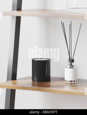 Black scented candle with aroma reed diffuser on wooden shelf on white wall background, home aromatic candles, aromatherapy, mock up, 3d rendering Stock Photo