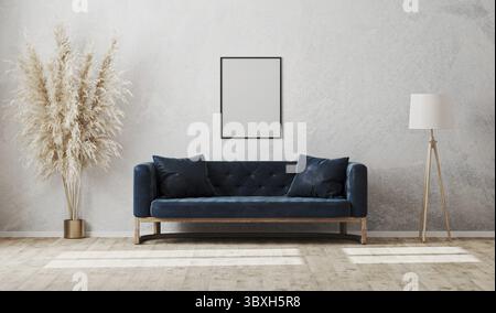 Blank vertical frame on gray decorative plaster wall in modern living room interior with dark blue sofa, floor lamp, 3d rendering Stock Photo
