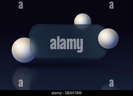 Horizontal rectangular banner with glass transparent overlay effect with volumetric spheres on dark background. Vector 3D illustration. Stock Vector