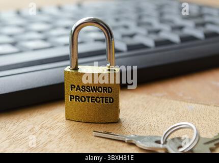 Password protected text engraved on padlock. Password security concept Stock Photo