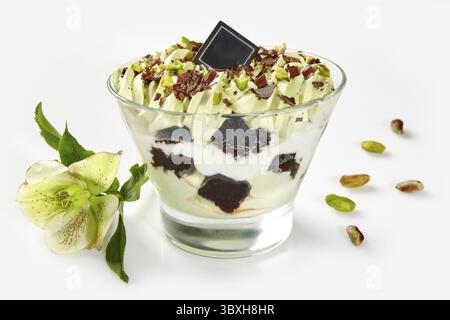 Exquisite pistachio-flavored layered dessert garnished with chocolate and pistachio nuts, accompanied by delicate greenish flower on white background Stock Photo