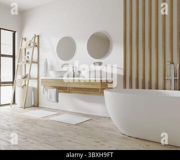 Stylish bathroom interior with modern tub, wooden ladder with bath accessories and beautiful decor, double sinks and mirrors, home design, 3d renderin Stock Photo