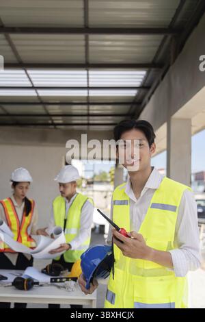 A construction team collaborating with blueprints on site, focusing on teamwork and execution of the project Stock Photo