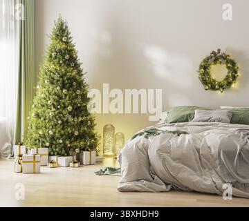 Christmas three with ornaments, festive lights and white and golden gift boxes in room interior near bed, christmas wreath, 3d rendering Stock Photo