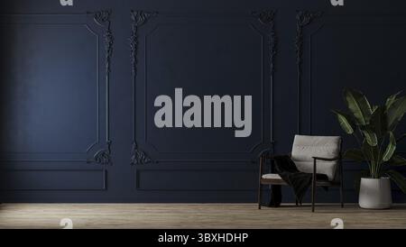 Room with armchair and green plant in pot with dark blue wall with classic style mouldings and wooden floor, 3d render Stock Photo