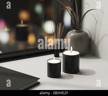 Black scented candle with aroma reed diffuser and vase with blured night city lights on background, home aromatic candles, aromatherapy, 3d rendering Stock Photo