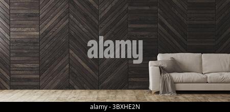 Light beige sofa in modern living room interior background with decorative wooden wall panel, empty room interior, panorama, mock up, 3d renderimg Stock Photo