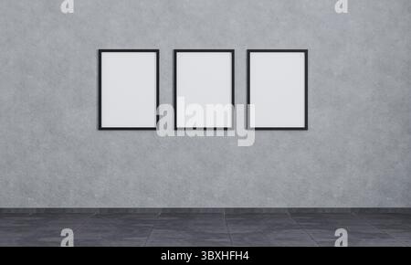 Three empty picture frames on grey concrete wall with dark tiling. Poster frames mockup. Empty room with poster frames. Grey room interior.3d renderin Stock Photo