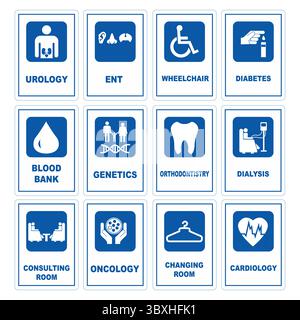 Illustration Collection of Blue Hospital Signs and Medical of Different Departments at A Hospital. Stock Vector