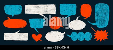Crayon speech bubbles and talk elements in red, blue and white on dark background. Vector Hand drawn text box, doodle cloud and chalk bubble in Stock Vector