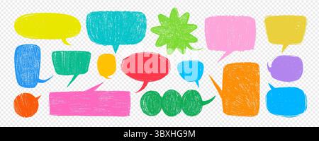 Crayon speech bubble set on transparent background in yellow, blue, red, pink, orange, green, and purple. Vector textured text bubble hand drawn in Stock Vector