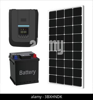 Isometric Personal power plant, photovoltaic panel and battery, Energy density, Monocrystalline panels, Solar energy, Photovoltaic panels Stock Vector