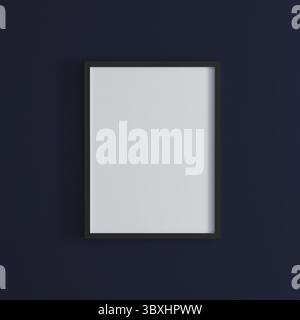 Blank frame on dark blue wall mock up, vertical black poster frame on wall, picture frame isolated on a wall, mock up for picture or photo frame, empt Stock Photo