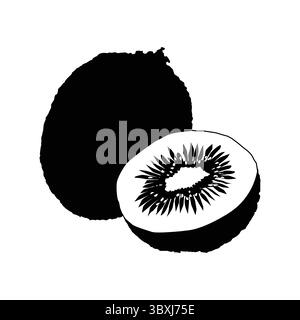 Kiwi grunge sticker. Black texture silhouette with lettering inside. Imitation of stamp, print with scuffs. Hand drawn isolated illustration on white Stock Vector