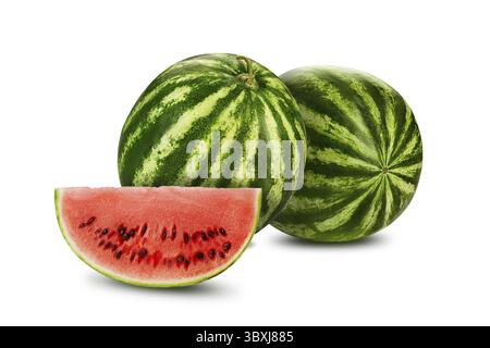 Two green, striped, ripe watermelons with a slice in a cross-section, isolated on white background with copy space for text or images. Special kind of Stock Photo