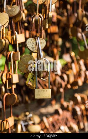 May 21, 2013, Zhanjiajie, Hunan Province, China: Traditional love locks signifying romantic relationships on bars in Zhangjiajie National Forest Park, Hunan, China. (Credit Image: © Jon G. Fuller/VW Pics via ZUMA Press Wire) Stock Photo
