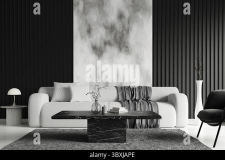 A sleek and modern living room featuring minimalist monochrome decor, a comfortable sofa, and a chic black marble coffee table Stock Photo