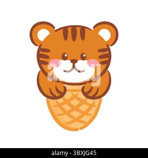 A cute kawaii tiger, a colorful ice cream cone. With its playful expression and vibrant colors, this illustration captures the joy of summer treats in Stock Vector