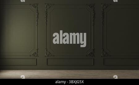 Green wall with classic style mouldings and wooden floor, empty room interior, 3d render Stock Photo