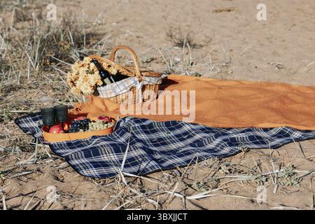 Autumn picnic on beach by sea. Fresh fruits, wine glasses, bottle, grapes, pomegranate near picnic basket on orange blanket. Stock Photo