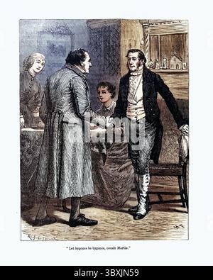 Vintage illustration of Two men shaking hands after argument, Let bygones be bygones, Victorian 1870s, 19th Century Stock Photo