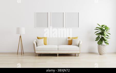 Three blank poster frame in bright modern living room with white sofa, floor lamp and green plant on wooden laminate. Scandinavian style, cozy interio Stock Photo