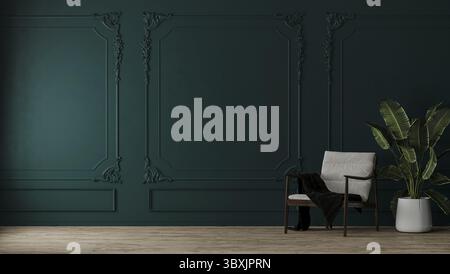 Room with armchair and green plant in pot with emerald color wall with classic style mouldings and wooden floor, 3d render Stock Photo
