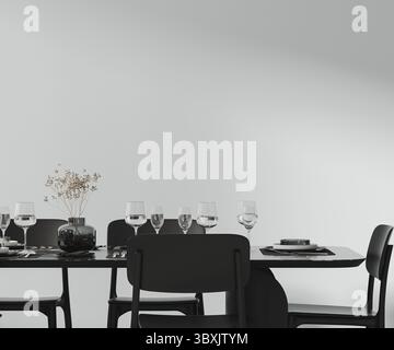 A beautiful dining table setted with cutlery, plates, glasses and decor, black furniture and empty white wall, 3d rendering Stock Photo