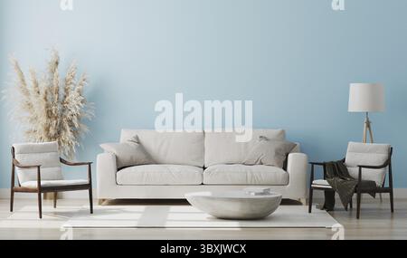 Light blue room interior, living room interior mockup, empty pink wall, 3d rendering Stock Photo