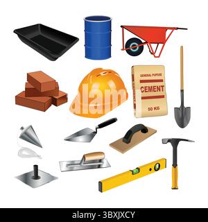 Mason hand tools. Big flat icon collection of hand tools for construction workers. Set of master tools used for plastic, stone Stock Vector