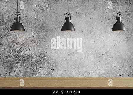 Three black pendant light above wooden surface on gray concrete wall background, ceiling lights, 3d rendering Stock Photo