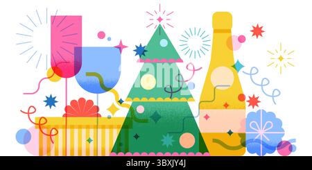 Christmas, New Year greeting card with Christmas tree, gifts, champagne and glasses. Vector flat geometric illustration. Design elements for holiday p Stock Vector