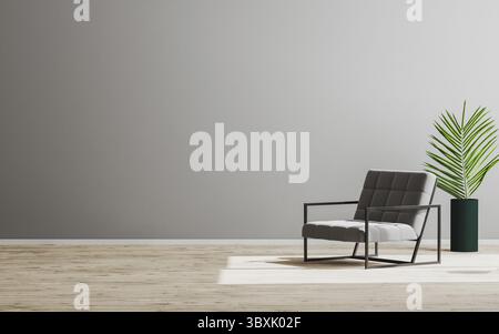 Empty room mock up with gray armchair and green plant, empty gray wall and wooden floor, gray room interior background, scandinavian style, 3d render Stock Photo