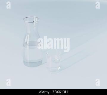 Glass and water carafe on light blue background, 3d rendering Stock Photo