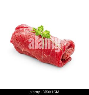 Juicy raw beef rouladen on white, close up Stock Photo