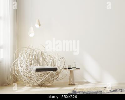 Living room interior background with wooden armchair and coffee table near window, empty wall mock up, 3d rendering Stock Photo