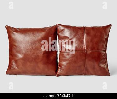 Pair of elegant brown leather pillows enhancing comfort and style in interior design Stock Photo