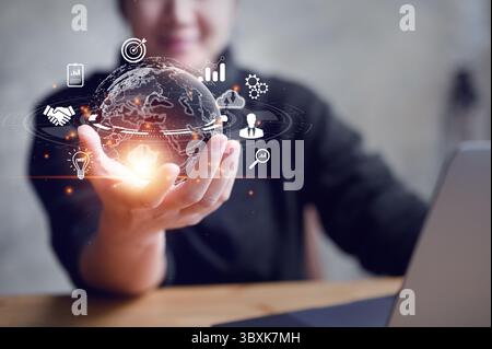 November 8, 2021: woman Hand holding virtual Global Internet connection metaverse. Business global internet connection application technology and digital marketing, Financial and banking, Digital link tech, big data. (Credit Image: © La Nacion via ZUMA Press) Stock Photo