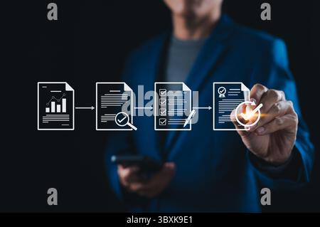 Document Review and Quality Control Process. Businessman interacts with document review and quality control process with digital icons checklist Stock Photo