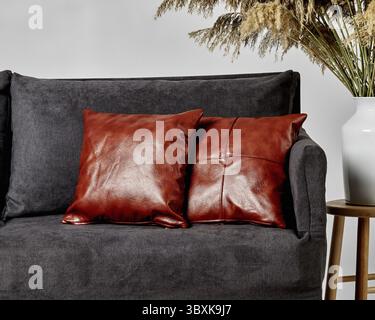 Brown leather cushions adding a touch of elegance to a comfortable grey sofa in a contemporary living room Stock Photo