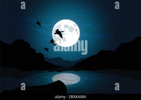 Night sky nature landscape with full moon vector illustration Stock Vector