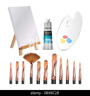 Oil Painting brushes palleted canvas with stand in paint tube illustration hand drawing vector based on white background Stock Vector