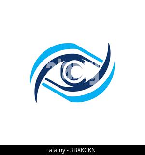 eye vision care logo, illustration blue circle optic symbol, sphere vortex icon vector design Stock Vector