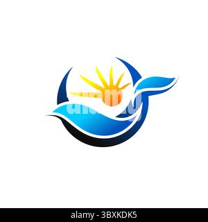 waves and sun logo vector, circle wave and sunlight logo symbol icon design illustration Stock Vector