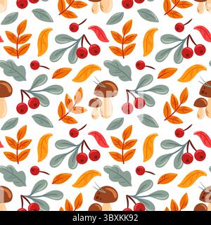 This vibrant vector illustration showcases a seamless pattern of autumn leaves, mushrooms, and berries. The warm colors create a cozy, seasonal feel, Stock Vector