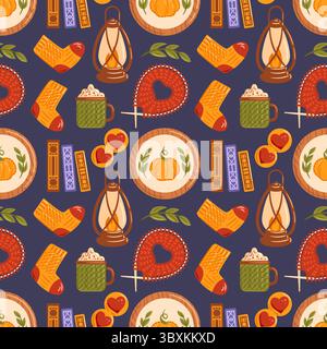 This seamless pattern features cozy decor elements like knitting, socks, embroidery, pumpkins, books, cookies, and a lamp, creating a warm and invitin Stock Vector