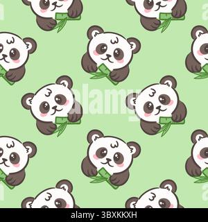 This vector illustration features an adorable seamless pattern of cute pandas holding bamboo on a soft green background. Perfect for adding a playful Stock Vector