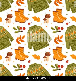 A seamless pattern design featuring a cozy sweater adorned with vibrant berries, delicate leaves, whimsical mushrooms, and stylish boots, perfect for Stock Vector